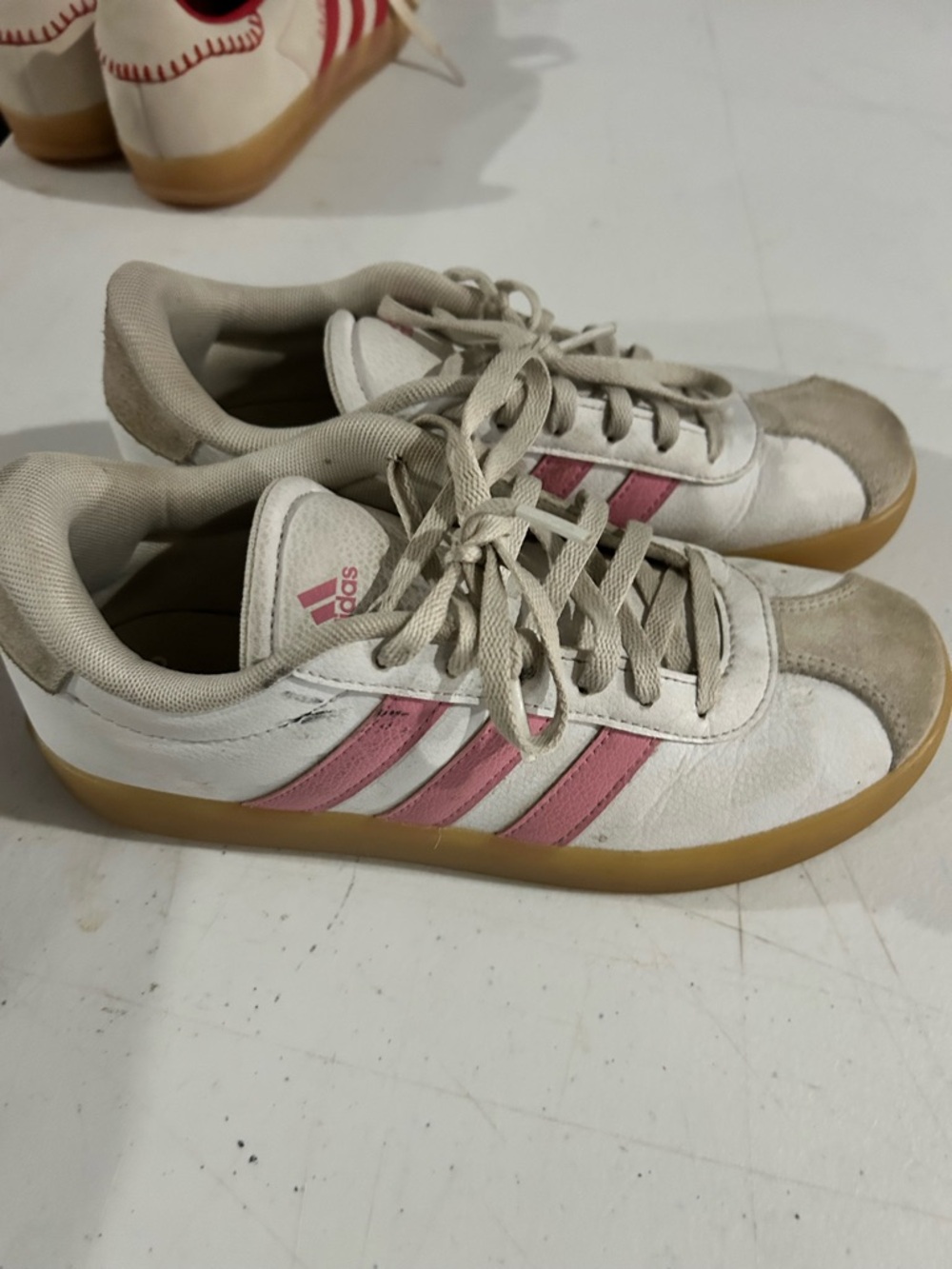 adidas Women's White Sneakers with Pink Stripes and Gum Sole